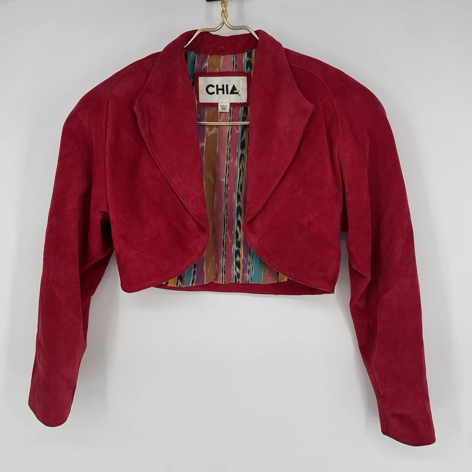 Chaqueta corta de gamuza roja chía vintage abrigo pequeño años 80 hombreras para mujer talla XS Foto 1 de 4