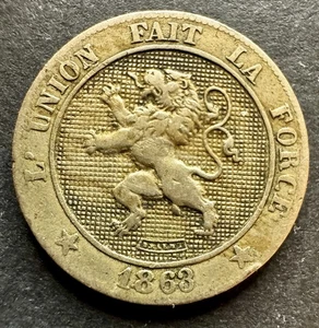 1863 Belgien 5 Centimes Leopold I Kupfer Nickel Sammlermünze 19 mm - Bild 1 von 2