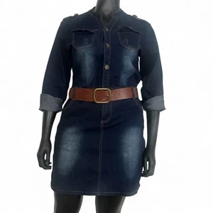 Women's Size 14-16 Belted Western Denim Blue Shirt Dress Long Sleeve Dark Wash - Picture 1 of 7