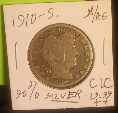 1910 S Barber Half Dollar 90% Silver Coin San Francisco G/AG Babs  CiCM - Image 1 of 3