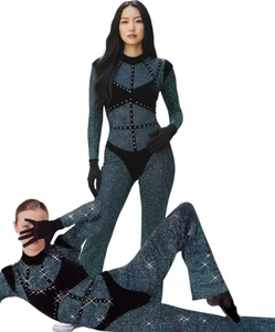 Zero Child Medium Dance Costume Catsuit Rhinestone Glitter Jumpsuit & Gloves New - Picture 1 of 7