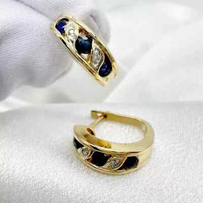 Diamond Blue Sapphire 14K Yellow Gold Plated Hoop Beautiful Earrings Lab Created - Image 1 of 3
