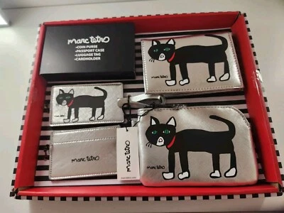 Marc Tetro Cat Theme Silver Travel Set Pouch Luggage Tag Cardholder Passport NIB - Image 1 of 2