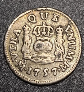 Scarce 1757 Mexico 1/2 Reale Royal Crown Rare Colony Milled U.S Silver Coin $1 - Picture 1 of 10