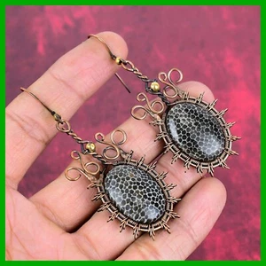 Copper Natural Stingray Coral Dangle Drop Hook Wire Wrapped New Earrings Jewelry - Picture 1 of 6