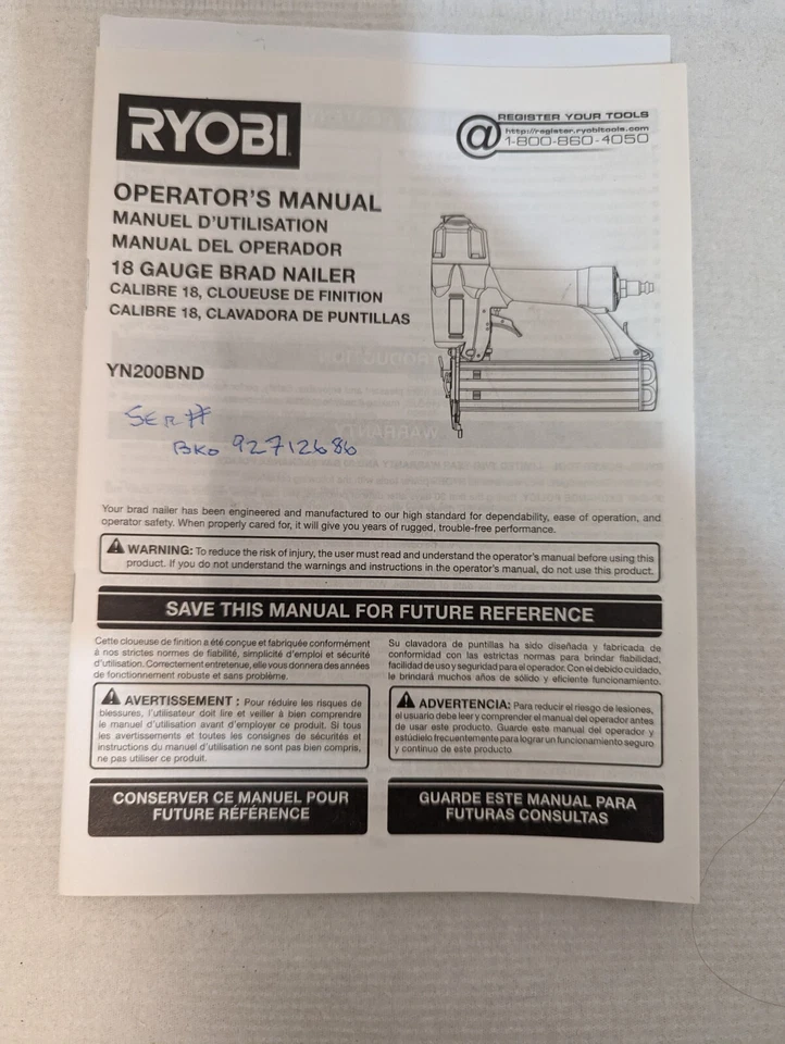 RYOBI 18-Gauge 5/8" x 2". pneumatic Brad Nailer Manual Only Owners Operator - Image 1 of 1