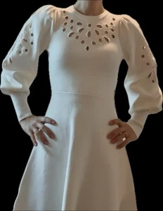 NWT $118 Express XS Cream Cut Out Eyelet Fit + Flare Bell Sleeve Sweater Dress - Picture 1 of 16