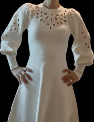 NWT $118 Express XS Cream Cut Out Eyelet Fit + Flare Bell Sleeve Sweater Dress - Image 1 of 4