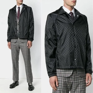 Gucci Monogram Black GG Jacquard Windbreaker Jacket RT$1,900 52 Large Hooded EUC - Picture 1 of 19