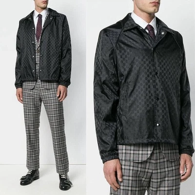 Gucci Monogram Black GG Jacquard Windbreaker Jacket RT$1,900 52 Large Hooded EUC - Image 1 of 4