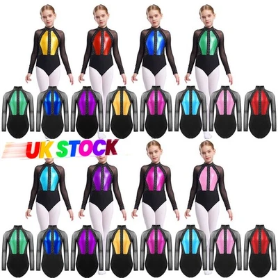 UK Kids Girls Ballet Dance Leotard Shiny Metallic Bodysuit Gymnastics Costume - Image 1 of 4
