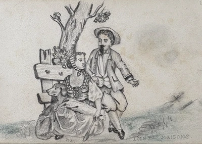 Ancien dessin original portraits scène de genre, croquis de personnes - Photo 1/4