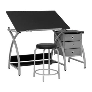 Studio Design Writing Desk 2Pc Silver Rectangular+Adjustable Top 3Pullout Drawer - Picture 1 of 10
