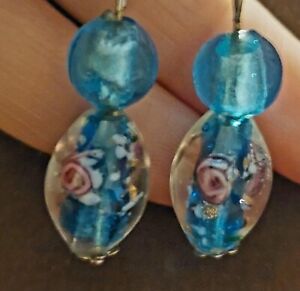 Earrings Set Glass Murano Art Lampwork Ovals with Hand Painted Flowers
