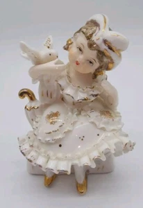 Vintage Relco Japan Little Victorian Bloomer Girl Gold Trim Bone China Figurine  - Picture 1 of 10