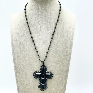 Black Beaded Cross Necklace Silver Tone Bead Chain - Picture 1 of 6