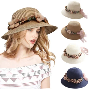 Women Flower Lace Ribbon Wide Brim Caps Summer Straw Beach Sun Protective Hat - Picture 1 of 17