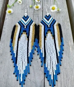 Tribal Earrings Native Large Boho American Seed Beads Handmade Earring - Bild 1 von 3
