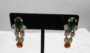 Pendientes de clip colgantes vintage de diamantes de imitación verde, naranja y transparente, tono dorado #264 - Imagen 1 de 6