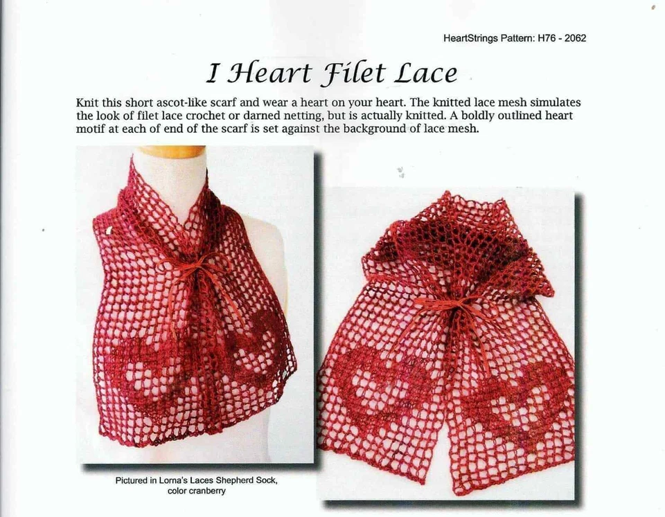 LACE FILLET HEART ASCOT SCARF to KNIT in FINGERING YARN by HEARTSTRINGS - Image 1 of 1