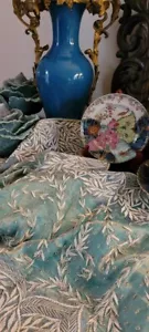 Aqua Silk Organza Bed Table Tapestry Embroidered with Silver Metallic Thread - Picture 1 of 12