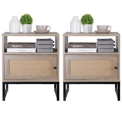 Set of 2 Wooden Bedside End Table Accent Table with Storage Drawers Metal Legs - Image 1 of 4