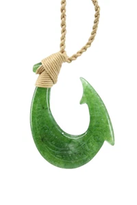 Jade Hawaiian Fish Hook Cord Necklace - Natural Stone, Polynesian, Tribal Design - Picture 1 of 5