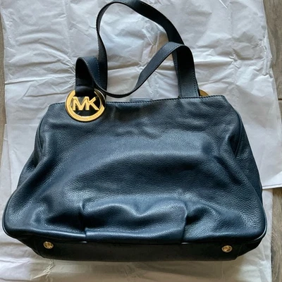 MICHAEL KORS Fulton 卵石纹皮革挎包 托特包 单肩包 海军蓝 手提包 — 第 1/4 张图片