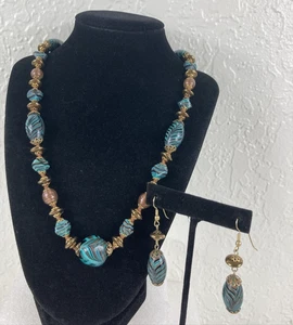 VTG Glass Bead Necklace Earring Set Turquoise Black Coppertone Sparkle Filigree - Picture 1 of 13