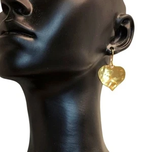 Vintage 80s Statement Gold Hammered Leaf Drop Earrings | Bold Retro Style - Picture 1 of 11