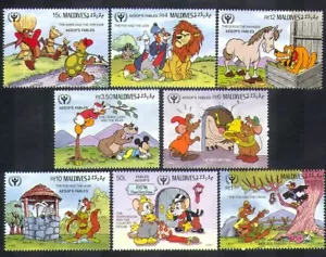 Maldives 1990 Disney/Aesop/Fables/Lion/Tortoise/Fox/Bear/Dog/Cartoons 8v d00242 - Picture 1 of 1