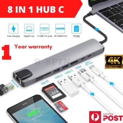 3/6/7/8 in 1 USB-C HUB Type-C Adapter MacBook/Windows Multi 3.0 4K HDMI Ethernet - Image 1 of 4