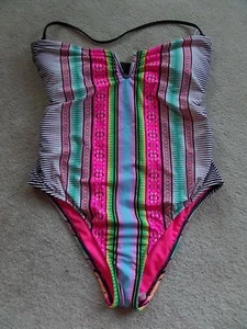 NWOT Hobie Striped Suprised 1pc Swimsuit Size L Black, Pink Hot Sexy - Picture 1 of 4