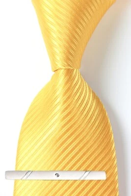 New Classic Solid Striped Gold JACQUARD WOVEN 100% Silk Men's Necktie Tie - Image 1 of 4