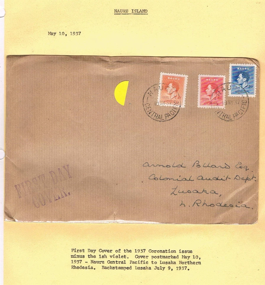 Nauru 1937 Coronación FDC a Rodesia del Norte - SC 35-38 [SG 44-47] W7 Foto 1 de 1