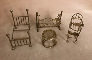 VINTAGE GOLD TONE METAL DOLL FURNITURE BEDROOM SET w/NURSERY - Picture 1 of 12