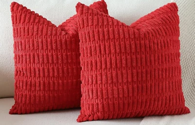 Par de fundas de almohada 18 x 18 ~ ROJAS ~ CHENILLA PANA RAYAS #F18 Foto 1 de 2