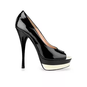 Versace Black and White Patent Leather Double Platform Peep Toe Heels Size 37 - Picture 1 of 8