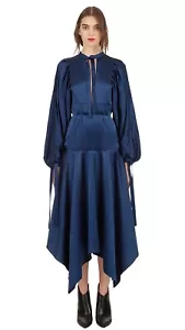 Self Portrait Size 12 Navy Asymmetric Midi Dress Balloon Sleeve Cocktail - Picture 1 of 11