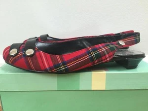 CLASSIFIED PLAID RED AND GREEN ANKLE STRAP FLATS DRESSY SIZES 6.5, 7 - Picture 1 of 6