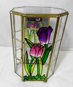 Vintage Glass Brass Mirror Curio Cabinet Display Stained Glass Tulips - Picture 1 of 5