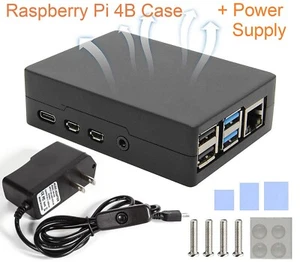 Black Aluminum RPi Raspberry Pi 4B Case Enclosure Box *PLUS* 5V/3A Power Supply - Picture 1 of 6