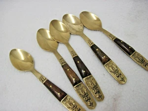 VINTAGE SET OF 5 GOLD TONE WOOD BUDDHA DEMITASSE TEASPOONS - THAILAND - Bild 1 von 7
