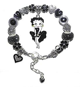Betty Boop Bracelet With Black Sparkle European Beads & Charms, CZ Crystals - Picture 1 of 4