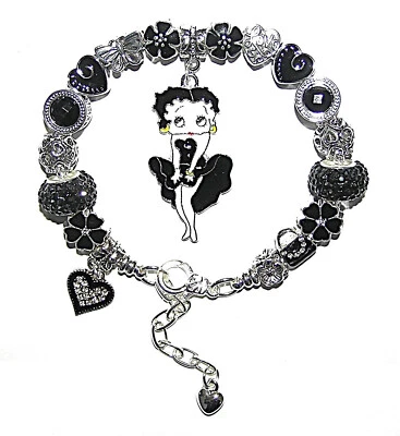 Betty Boop Bracelet With Black Sparkle European Beads & Charms, CZ Crystals - Image 1 of 4