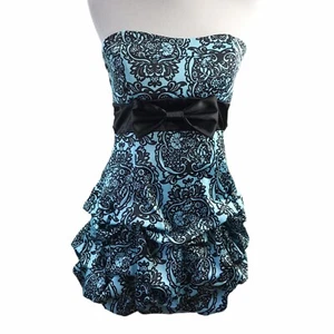 Formal Dress Junior 7 Black Blue Damask Empire Sweetheart Tiered Strapless Prom - Picture 1 of 10