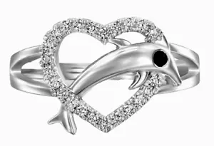 0.44ct Diamante Natural 14k Bis Contraste Oro Blanco Negro Onix Corazón Pez Ring - Imagen 1 de 7