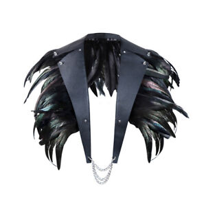 Black Feather Cape with Metal Chain Punk Gothic Shawl Shrug for Halloween Party
