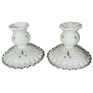 Vintage Fenton Kerzenständer Halter Veilchen im Schnee Silber Wappen 2er Set - Bild 1 von 11