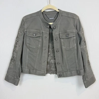 Chaqueta Moto Elie Tahari Verde Oliva Manga Encaje Recortado L Foto 1 de 4